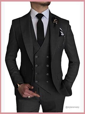3 Piece Suit Slim Fit Double Breasted One Button Blazer Vest Pants Sets